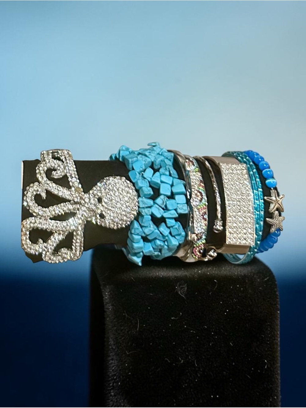 Coastal Ocean Curated Bracelet Stack Turquoise Starfish Octopus Rhinestone Boho
